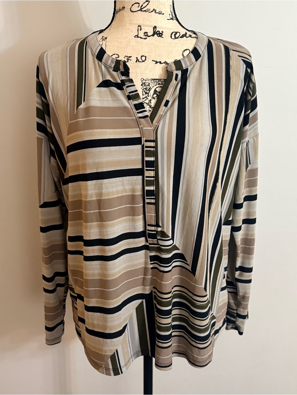 Dana Buchman Striped Long-Sleeve Henley in Black, Tan & Cream